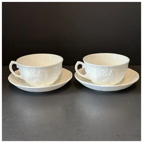 WEDGWOOD Countryware Flat Cup &Saucer Set of 2 All White Embossed Leaves No Trim - Picture 5 of 13